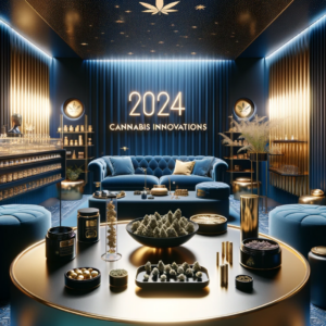 A picture of a velvety, inviting retail space with 2024 against the back and the words Cannabis Innovations under it.